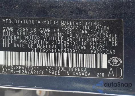 2005 Toyota Corolla Le из США, поврежденный, VIN 2T1BR32E05C319940